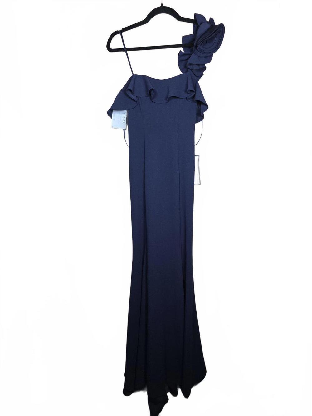 City Studios Juniors Ruffled Scuba Fit and Flare Gown Navy Size 5/6